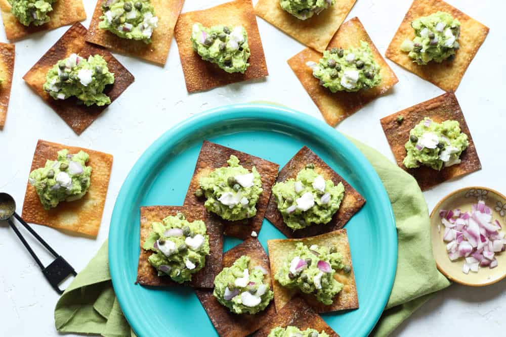 Goat Cheese Guacamole with Crispy Wontons Bessie Bakes