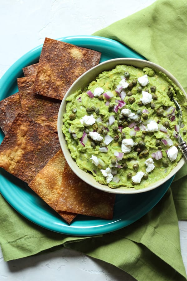 Goat Cheese Guacamole with Crispy Wontons Bessie Bakes