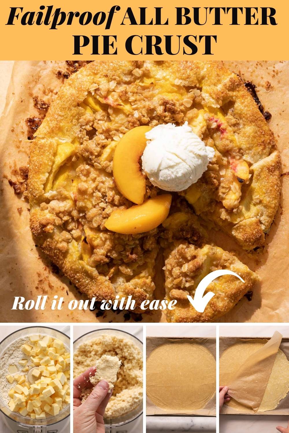 Photo grid of a peach crostata and pie crust making in a bowl via @bessiebakes