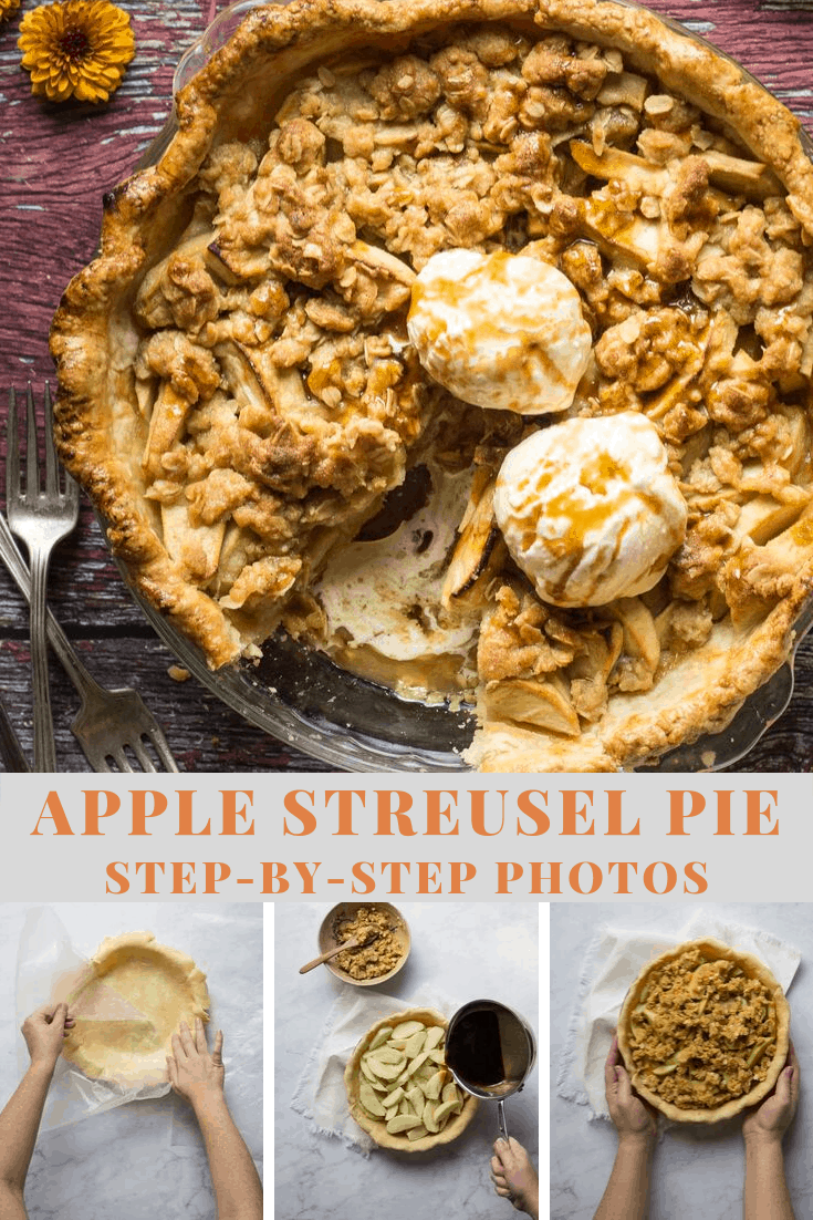 Apple Streusel Pie with a bourbon glaze from scratch with step-by-step photos! #pie #baking #applepie  via @bessiebakes