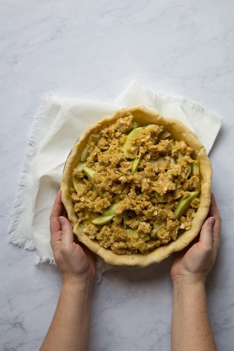 Apple Streusel pie filled before baking