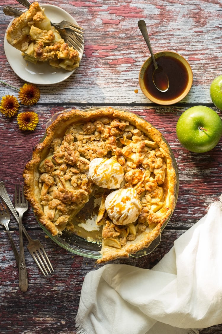 Apple Streusel Pie sliced and topped with ice cream