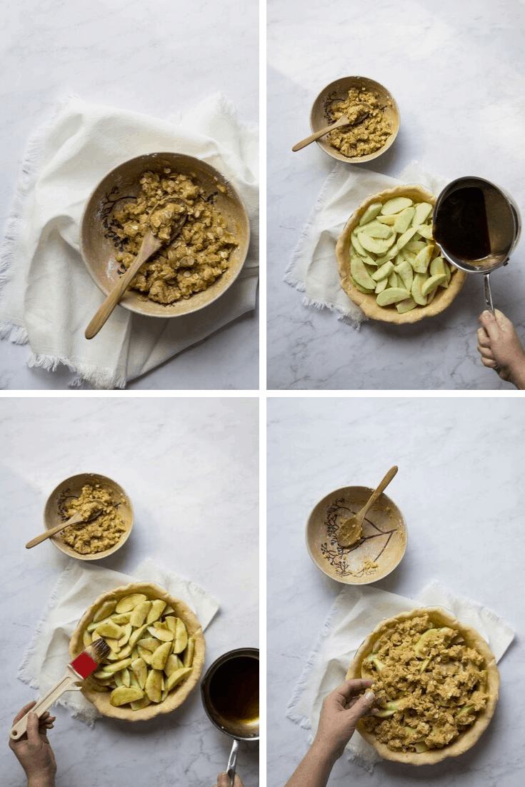 Apple streusel pie topping with oats, filling an apple streusel pie