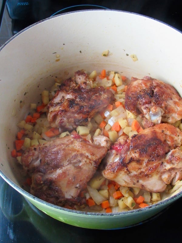 Chicken, apples, carrots, and onions