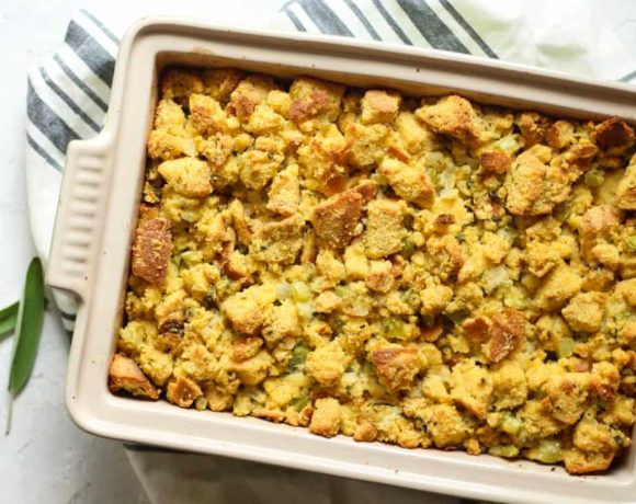 Gluten free southern cornbread stuffing or dressing in a casserole dish