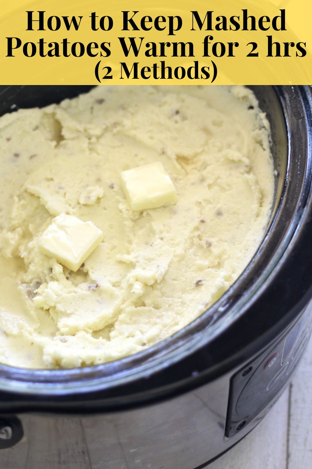 A crockpot of mashed potatoes with butter via @bessiebakes