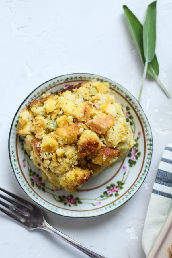 Gluten Free Southern Cornbread Stuffing filled with herbs and broth