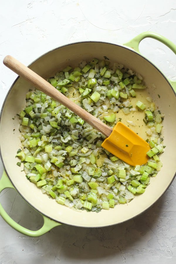 Sauteed onion, celery, butter, and herbs for cornbread stuffing
