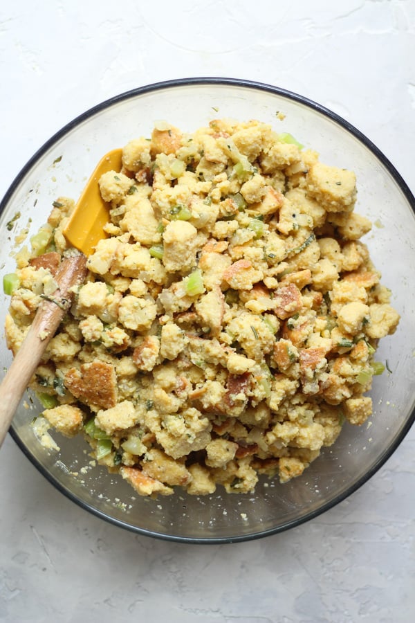 Gluten free southern cornbread stuffing with chicken broth