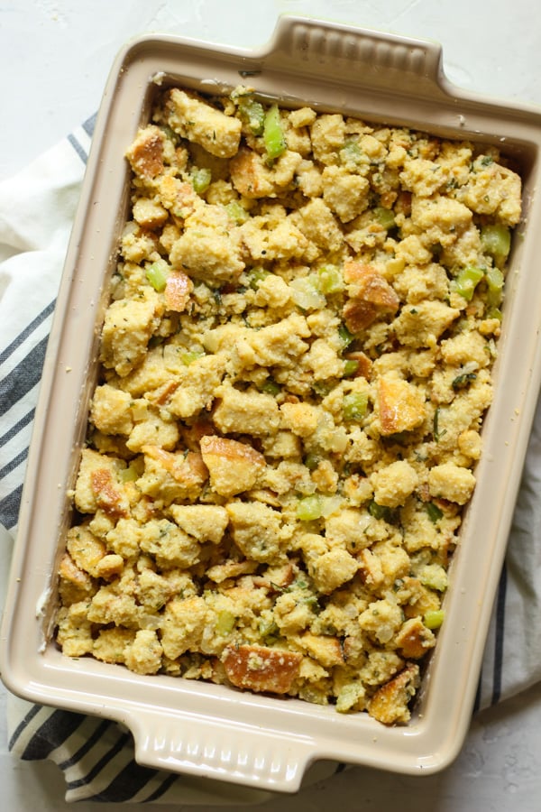 Gluten Free Southern Cornbread Stuffing before baking