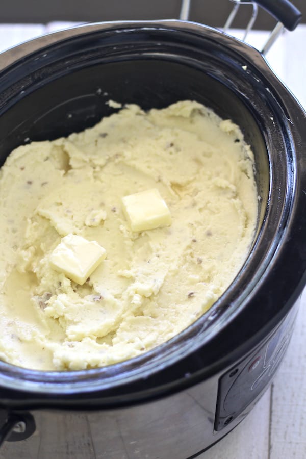 Mashed potatoes warming in the crockpot