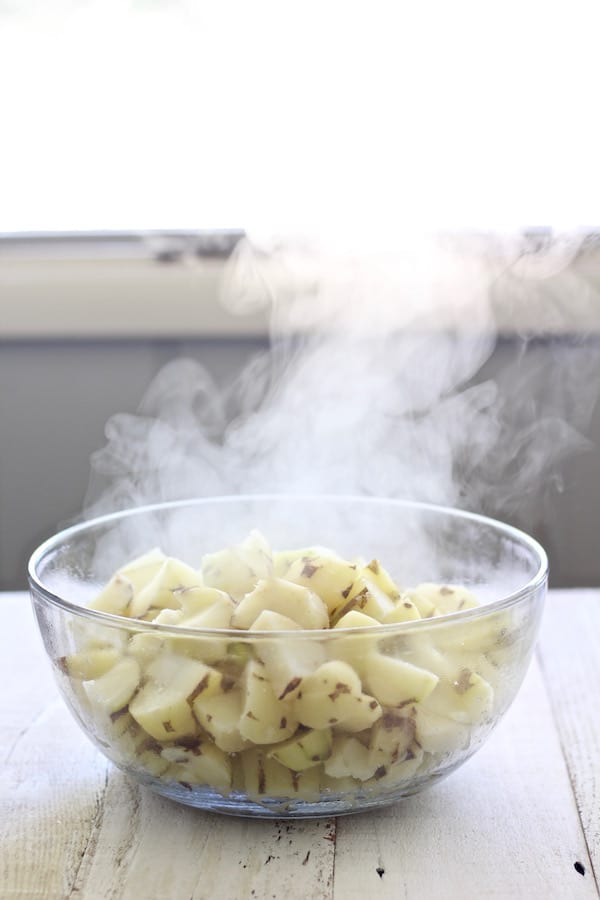 Cooked potatoes steaming