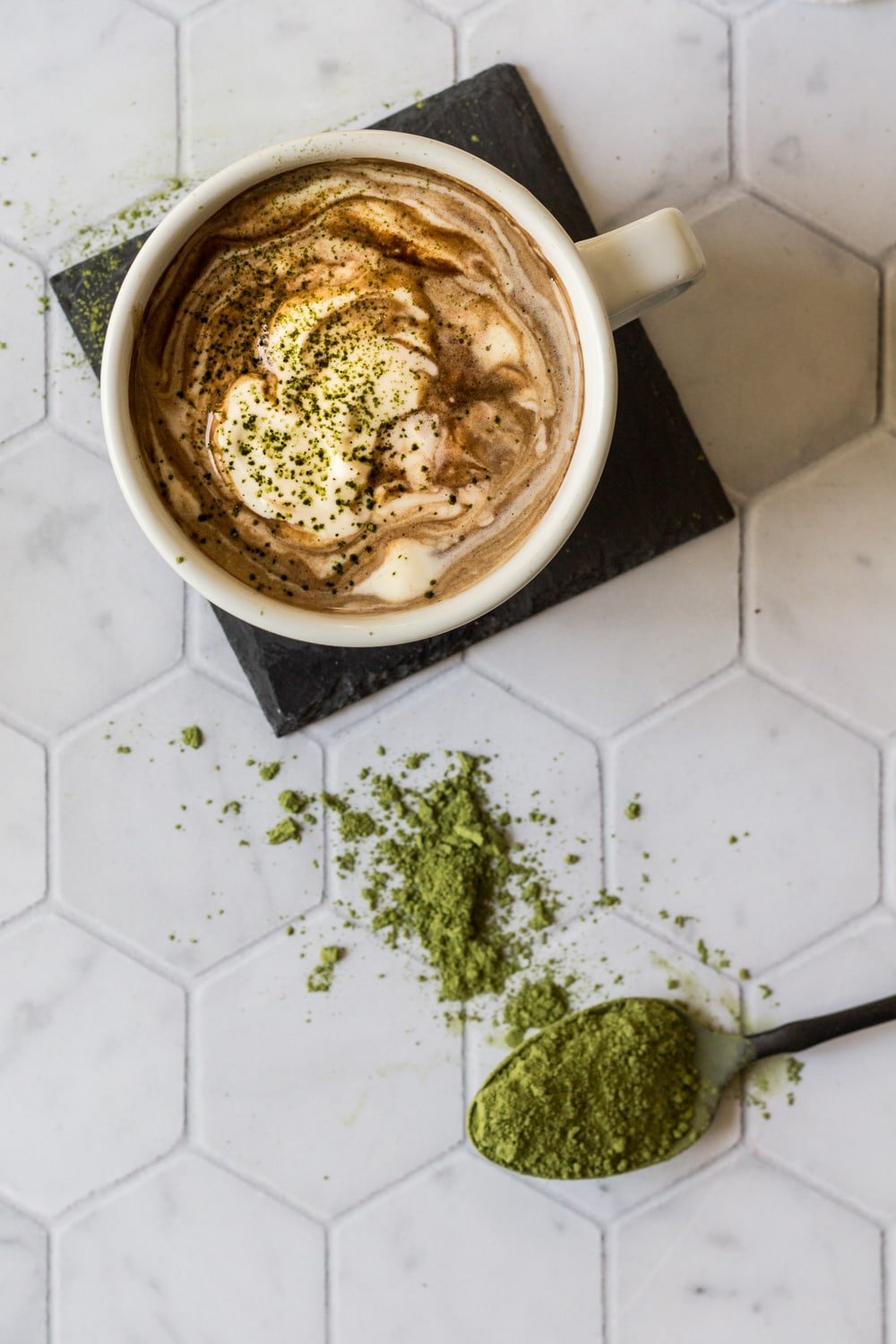 Matcha Hot Chocolate Recipe with a spoon of matcha powder