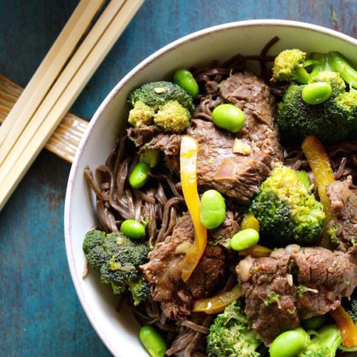 beef and broccoli udon bowl