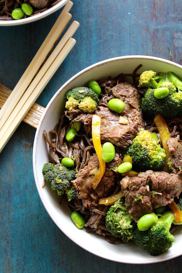 beef and broccoli udon bowl