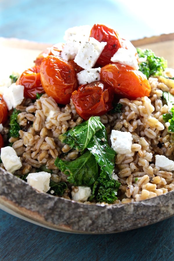 mediterranean kale farro salad closeup