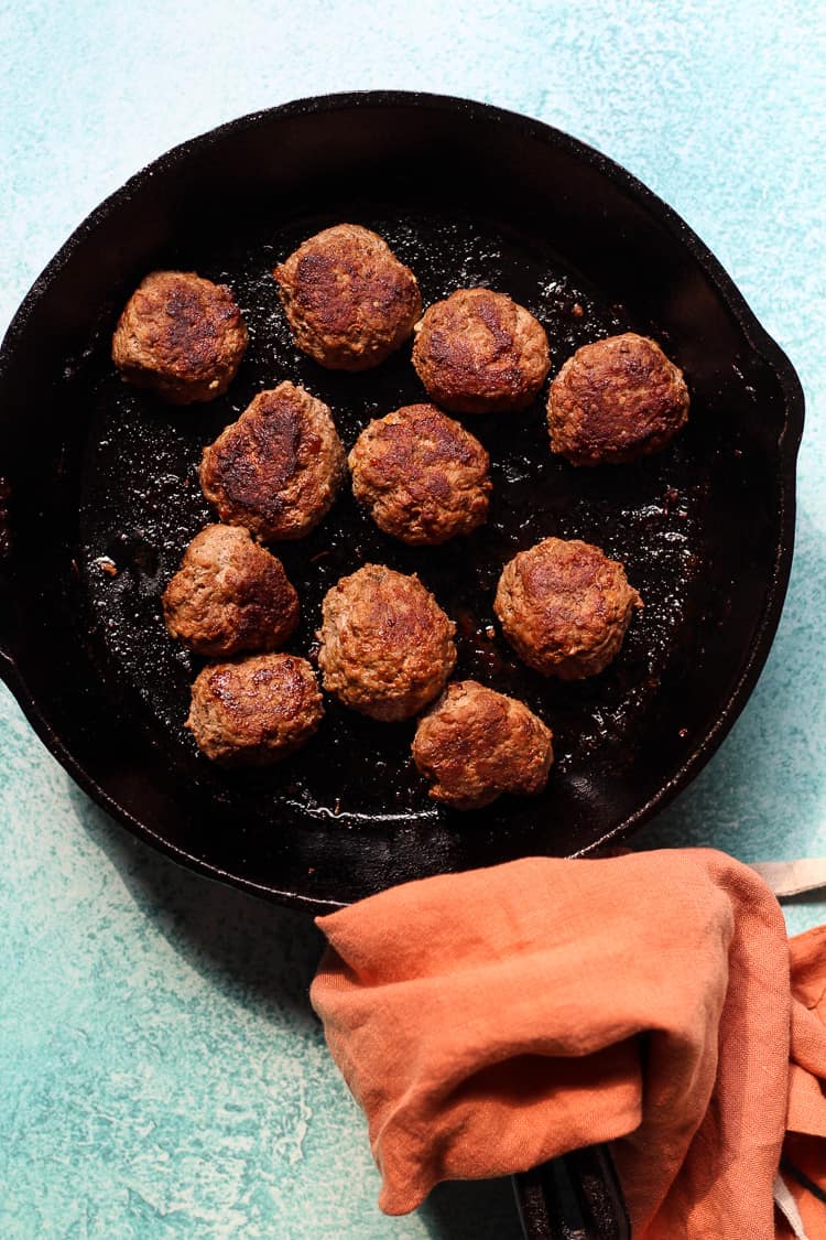 Easy Lamb Meatballs cooked in a skillet