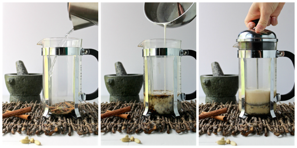 chai tea french press collage