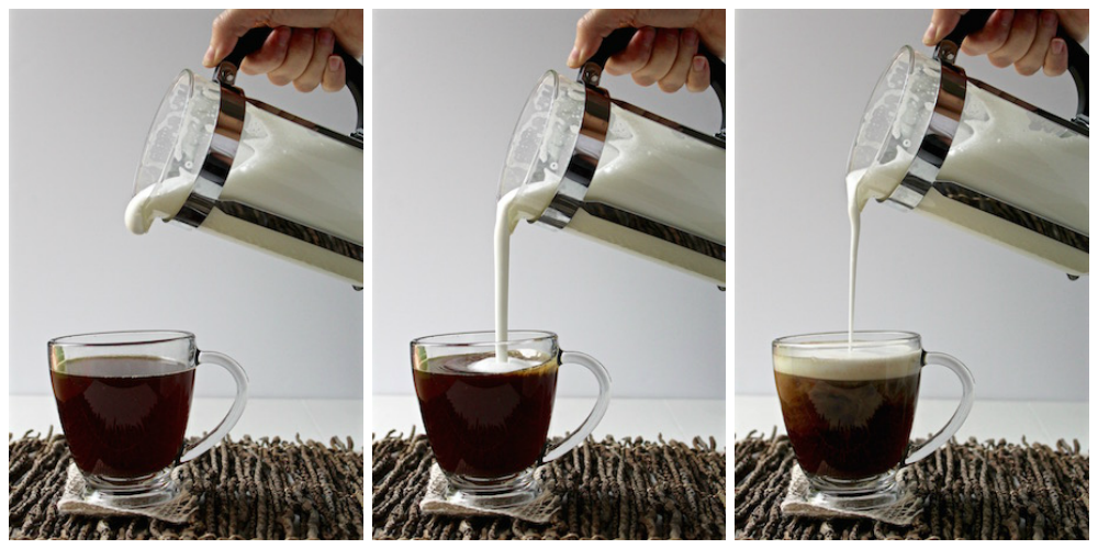 french press milk foam collage