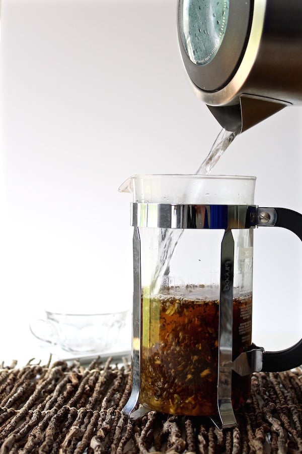 french press tea poured