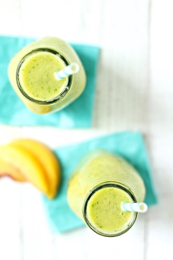 Green mango peach smoothie recipe is sugar free and dairy free and is the perfect summer beverage!