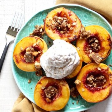 Vegan peaches and coconut cream with coconut oil macadamia nut crumble!