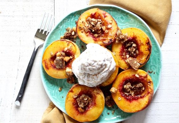 Vegan peaches and coconut cream with coconut oil macadamia nut crumble!