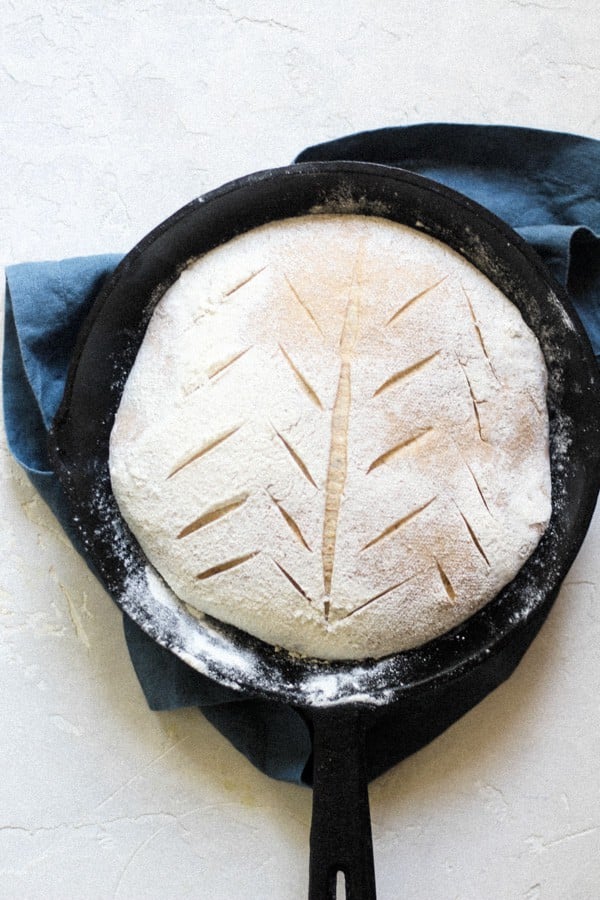 Artisan Sourdough Honey Spelt Bread Shaped in a cast iron skillet