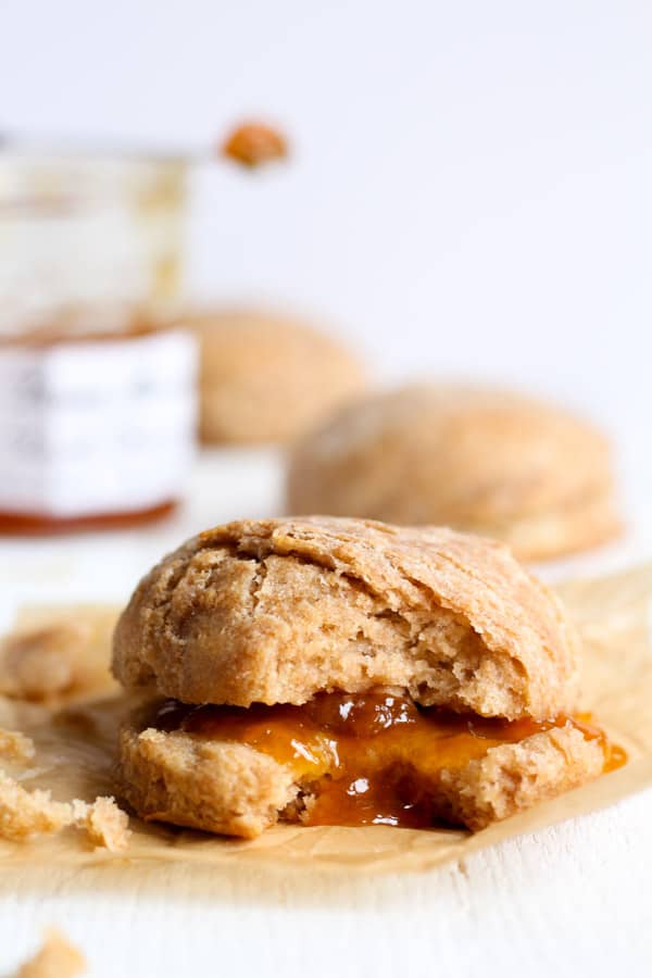 Sourdough spelt biscuits with peach jam