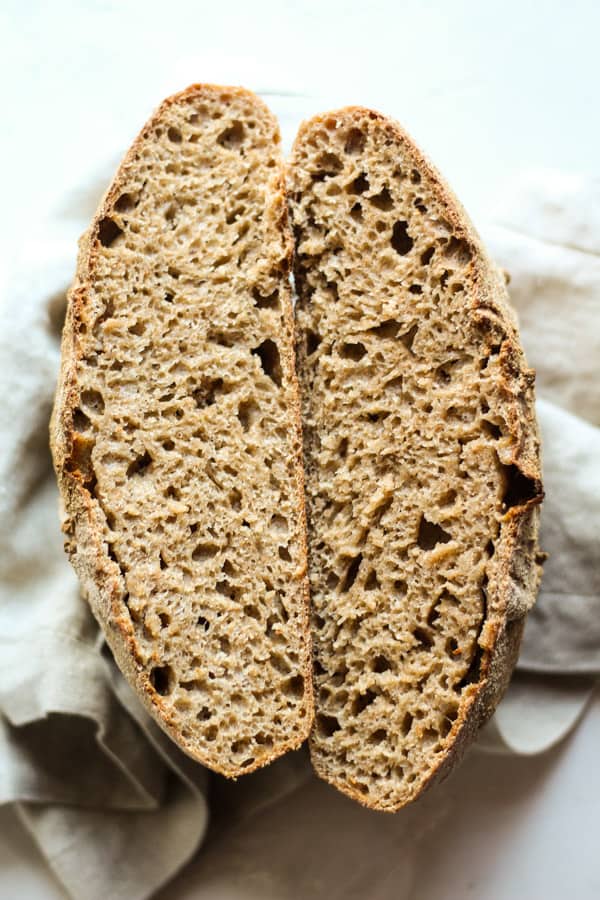 Sourdough honey spelt bread cut in half