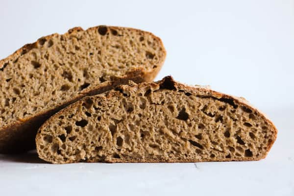 Sprouted sourdough spelt bread cut in half