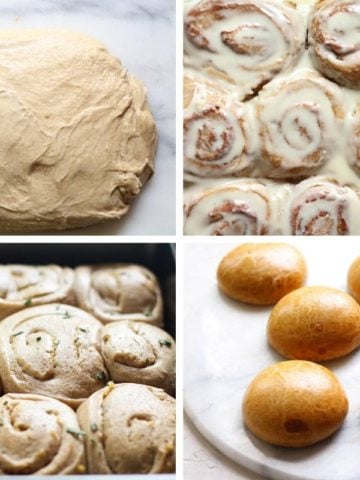 Sourdough Cinnamon rolls, hamburger buns, and garlic rosemary rolls