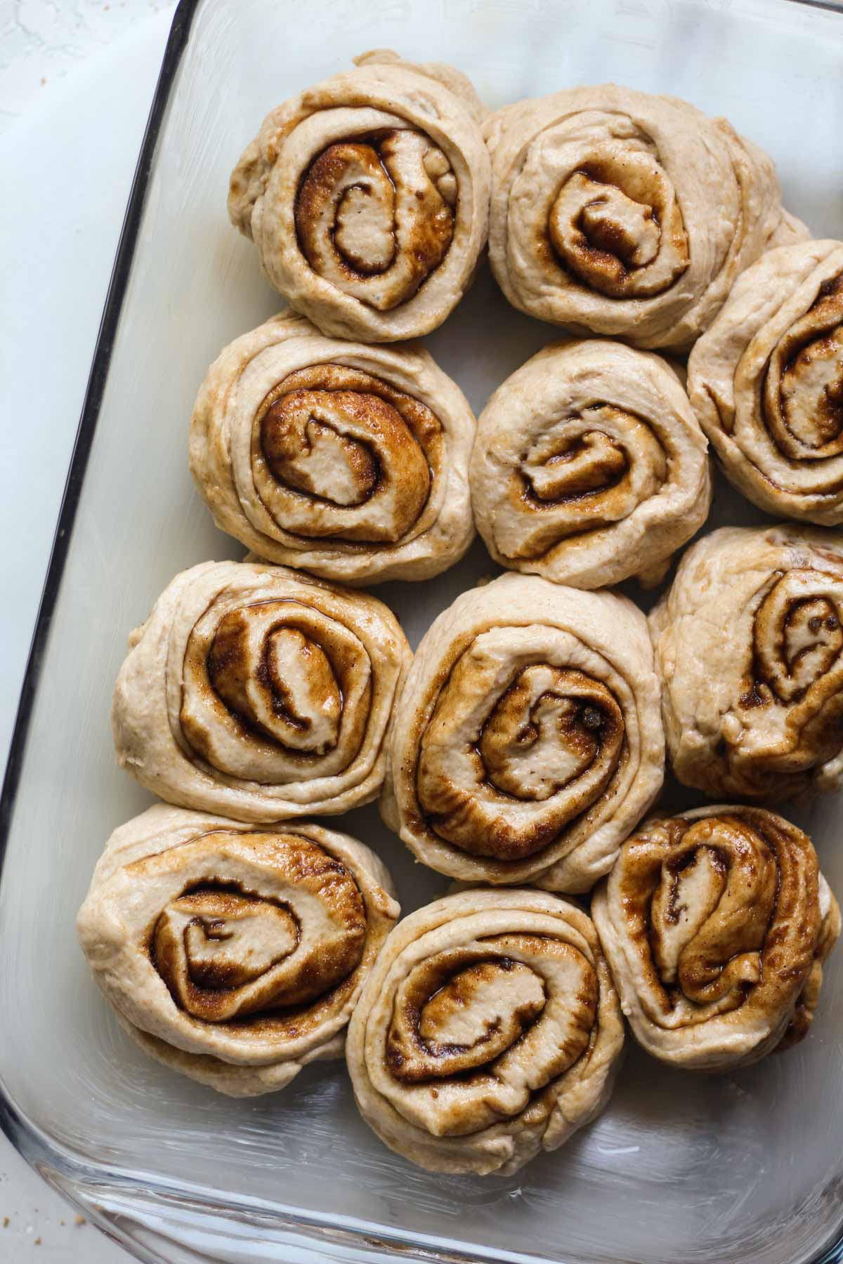 Sourdough cinnamon rolls in a pan
