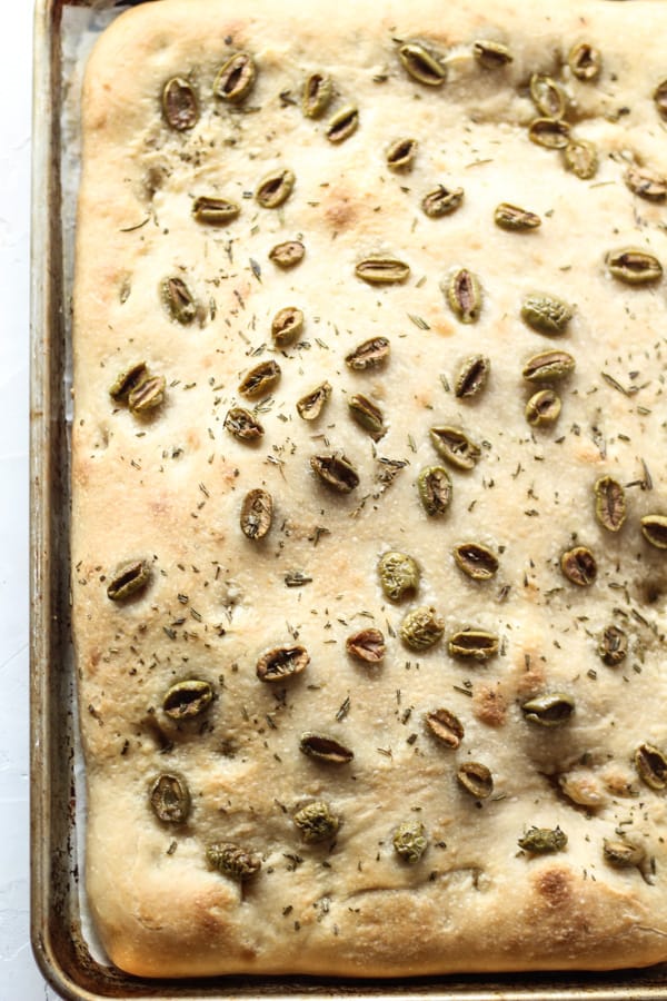 Sourdough Focaccia Bread baked with olives and rosemary