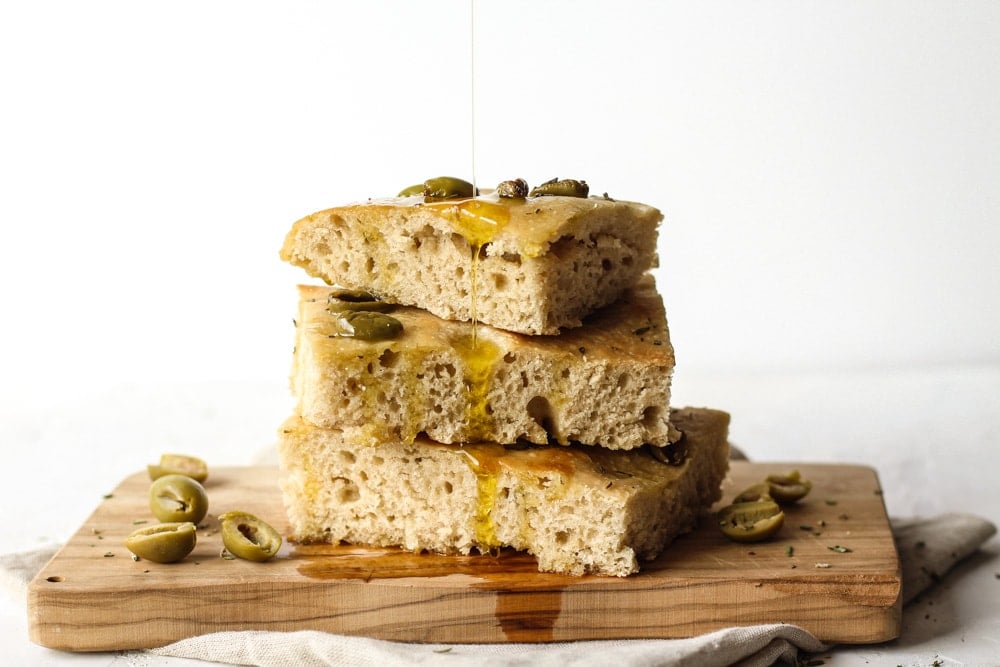 Sourdough Olive Focaccia Bread Recipe with olive oil