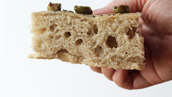 Sourdough Focaccia with loives and rosemary bread sliced