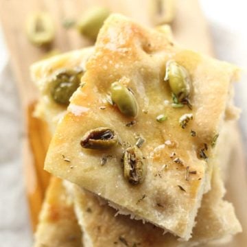 Sourdough Focaccia Bread with loive oil, olives, and rosemary