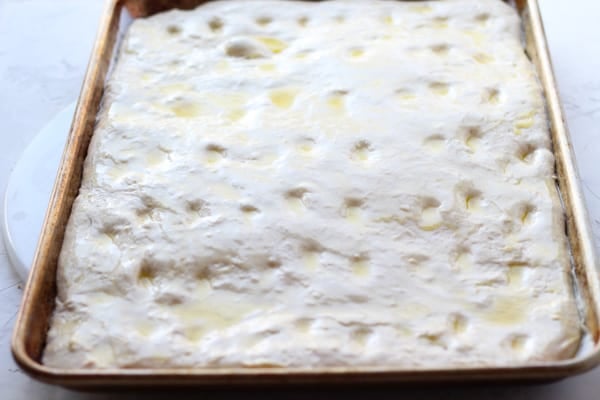 Sourdough Focaccia Dough proofed and topped with oil and finger indentions