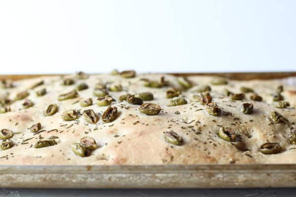 Sourdough Focaccia Bread with olives and rosemary baked