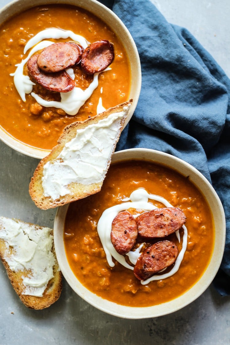 Thai Pumpkin Butternut Squash soup recipe with bone broth and cajun sausage