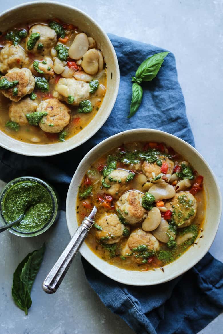 Bone Broth White Bean Chicken Meatball soup recipe with pesto