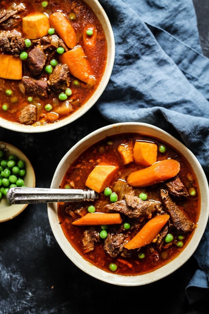 Instant Pot Beef Stew Recipe with peas, carrots, onions and bone broth