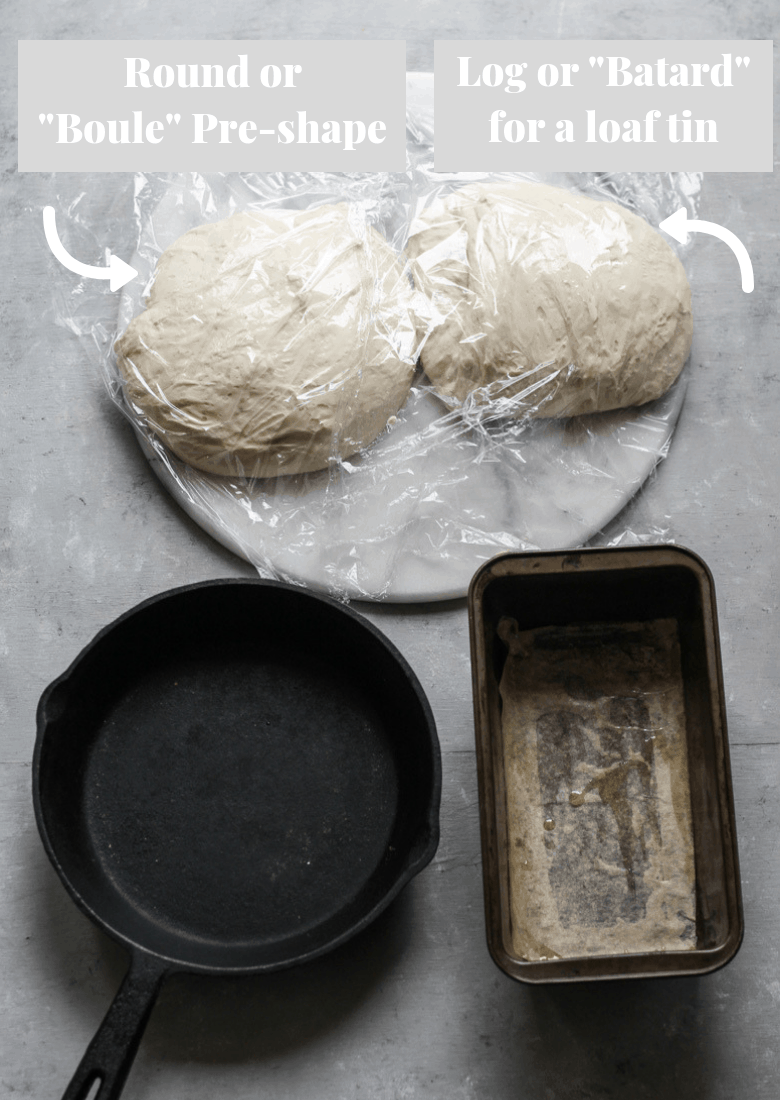 Preshaping bread dough for a round or loaf tin