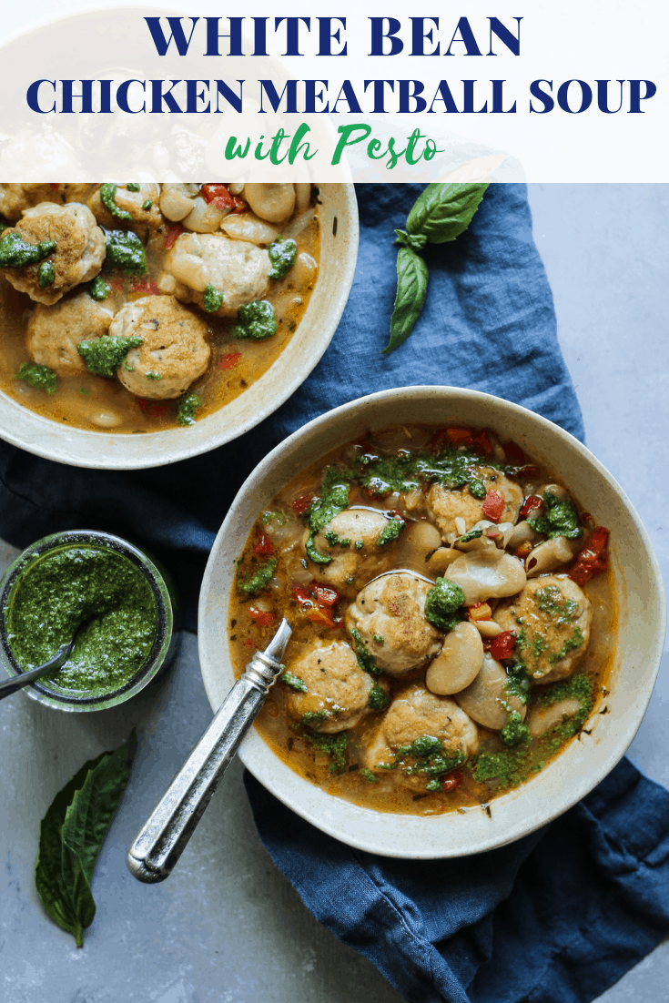 White Bean Chicken Meatball Soup with Pesto and bone broth #souprecipes #soupinspiration #souprecipeseasy #soupsandstews #chickenmeatballs #chickensoup