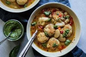 White Bean Chicken Meatball Soup with pesto and chicken bone broth