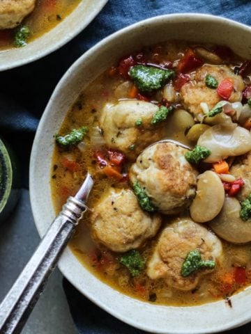 White Bean Chicken Meatball Soup with pesto and chicken bone broth