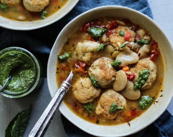 White Bean Chicken Meatball Soup with pesto and chicken bone broth