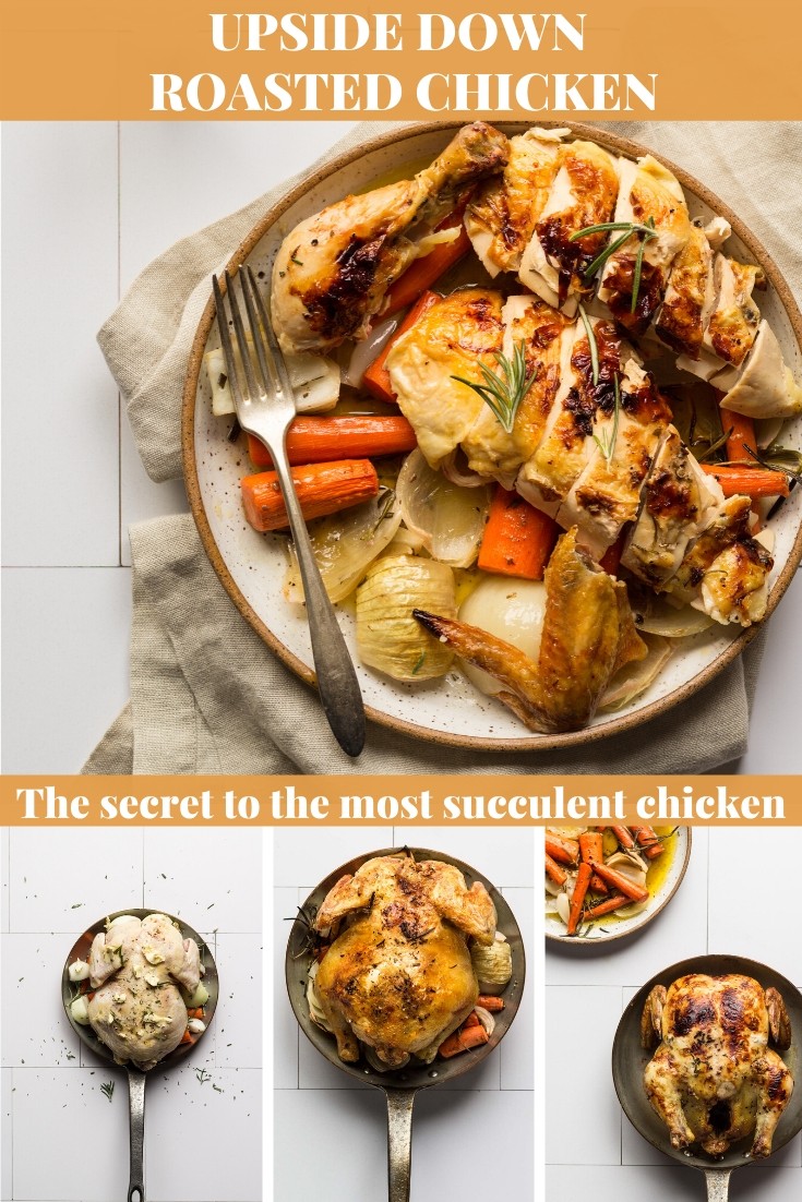 Baking a chicken upside down will create the most succulent breast everytime! #chickenrecipes via @bessiebakes