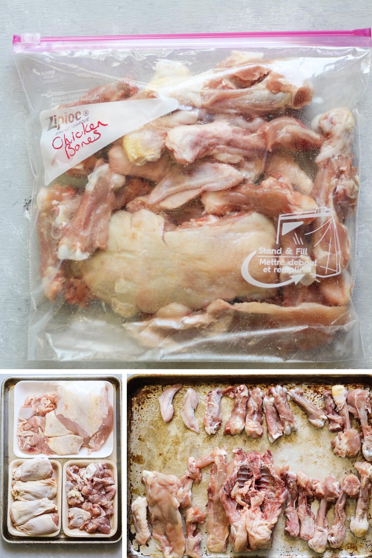 chicken bone and chicken cuts in a ziploc bag