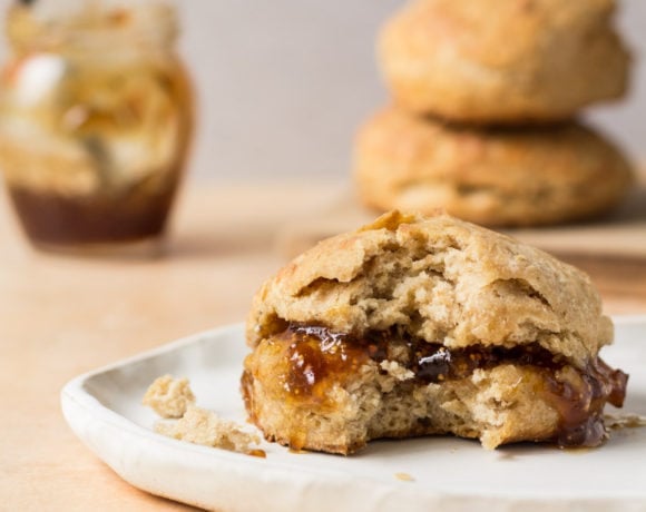 Sourdough biscuits with fig jam on a plate